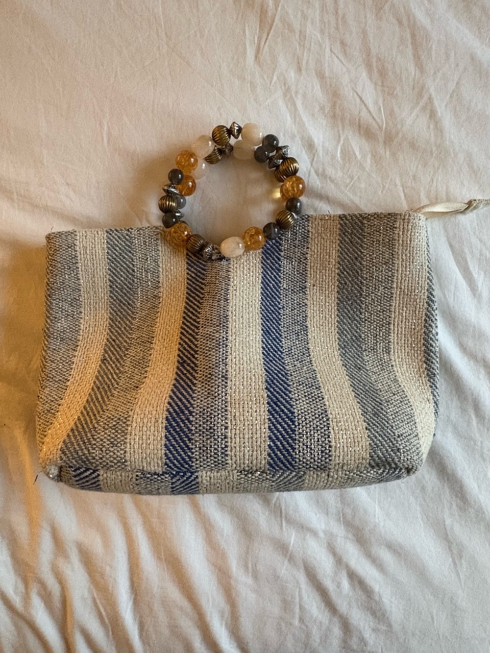Nanette Lepore Woven Stripe Clutch Pouch Blue White Beaded Handle
